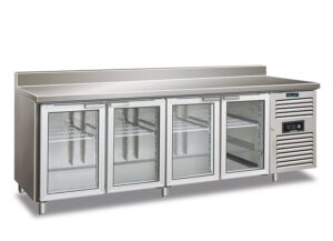 TAVOLO FRIGO REFRIGERATO POSITIVO 4 PORTE IN VETRO CON ALZATINA - CXF 4200 TNG - Temp. -2°C/+8°C   Dim. Cm 223x70x96h