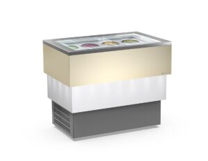 BANCO A POZZETTO – ESPOSITORE GELATO Mod. CARRARA CREAM VISTA 8 + 8 CARAPINE DA 7,5 L – Temp. -5°C/-20°C Dim. 118×72,5x103h