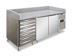BANCO PIZZA REFRIGERATO POSITIVO VENTILATO 2 PORTE CON CASSETTIERA - MOD. PZF 02 C - Temp. +2°C/+8°C - Piano in granito - Dim. cm. L202,5xP80xh100