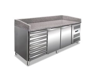 BANCO PIZZA REFRIGERATO POSITIVO VENTILATO 2 PORTE CON CASSETTIERA – MOD. PZ 2610 TN  – Temp. +2°C/+8°C – Piano in granito – Dim. cm. L202,5xP80xh100