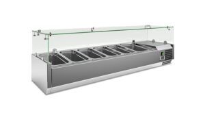VETRINA INGREDIENTI REFRIGERATA 6 vaschette  – MOD. VRX 1500 380 FG – Temperatura +2°C/+8°C – Dim. cm. L150xP39,5xh43,5