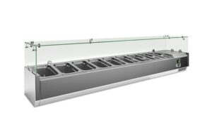 VETRINA INGREDIENTI REFRIGERATA 9 vaschette GN 1/4 – MOD. VRX 1800 330 FG – Temperatura +2°C/+8°C – Dim. cm. L180xP33,5xh43,5