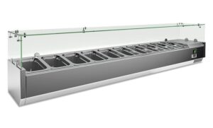 VETRINA INGREDIENTI REFRIGERATA 10 vaschette GN 1/4 – MOD. VRX 2000 330 FG  – Temperatura +2°C/+8°C – Dim. cm. L200xP33,5xh43,5