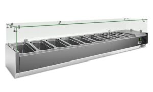 VETRINA INGREDIENTI REFRIGERATA 9 vaschette GN 1/3 – MOD.  VRX 2000 380 FG – Temperatura +2°C/+8°C – Dim. cm. L200xP39,5xh43,5
