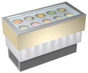 Banco a pozzetto statico - espositore gelato CARRARA CREAM VISTA 10 + 10 carapine da 7,5 L - Temp. -5°C/-20°C Dim. 151x72,5x101,7h