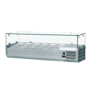 VETRINA INGREDIENTI REFRIGERATA 6 VASCHETTE GN1/4 -  Statica - AK14433 - Temp. +2C°/+8C° - Dim. cm 140x33,5x43,5
