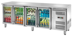 Tavolo Refrigerato Ventilato GN1/1 con 4 porte a vetri - AK4104TNG - Temp. -2C°/+8C° - Dim. cm 223x70x85