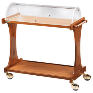 Carrello di servizio in legno con cupola semicircolare in plexiglass apribile su due lati – maniglia di spinta in legno – 2 ripiani – ruote multidirezionali ø 100 mm