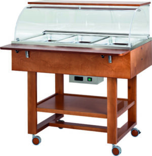 Carrello termico a bagnomaria in legno con cupola - Temp. +30°/+90°C - Dim. cm 126x75x68