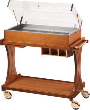 Carrello di servizio in legno con cupola in plexiglass trasparente 150(h) mm – vasca e griglia in acciaio inox - ruote multidirezionali ø 100 mm