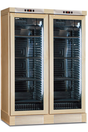 CANTINETTA - VETRINA FRIGO VINI STATICA 2 PORTE RIVESTITA IN FRASSINO NATURALE  252 BOTTIGLIE - TN 764 LITRI - Temp. +16°/+10°/+5° con ventola OFF+4°/+18° con ventola ON - Dim. cm. L129,5xP63,5xh188