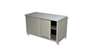 TAVOLO ARMADIATO IN ACCIAIO INOX CON PORTE SCORREVOLI - Prof. cm 60