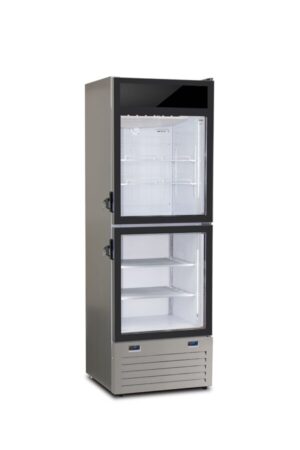 ARMADIO REFRIGERATO COMBINATO DOPPIA TEMPERATURA 2 PORTE IN VETRO - TWIN 40 - Cella positiva: 208Lt  Cella negativa: 180Lt  - Temp. Cella negativa: -18°-23°C Cella positiva: +2°+8°C - Dim. cm L 68 x P 64,5 x h 200