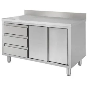 Tavolo armadiato inox Ristopro DSTA3CSE6A con cassettiera a sinistra e alzatina | profondità 60 cm