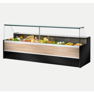 VETRINA FRIGO ORIZZONTALE REFRIGERATA POSITIVA PASTICCERIA GASTRONOMIA E MACELLERIA CON CELLA DI RISERVA  – SERIE MESETAS PROF.  98 H127 Cm  – TN – Temp. Ventilata 0°/+2°C, Statica +4°/+6°C