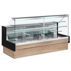 VETRINA FRIGO ORIZZONTALE REFRIGERATA POSITIVA STATICA CON CELLA DI RISERVA VETRO DRITTO PER PASTICCERIA E GASTRONOMIA - SERIE COLORADO - Temp. +4°/+6°C  Profondità 98 Cm