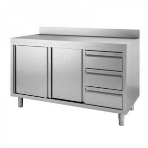 TAVOLO ARMADIATO IN ACCIAIO INOX CON CASSETTIERA E ALZATINA – Piano in acciaio inox AISI 304