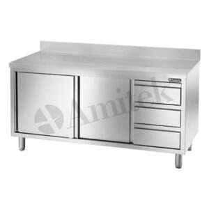 TAVOLO ARMADIATO CON CASSETTI A DESTRA IN ACCIAIO INOX - Prof. cm 60