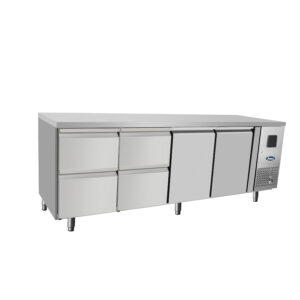 TAVOLO FRIGO REFRIGERATO POSITIVO 2 PORTE GN1/1 + 4 CASSETTI 1/2 TN Temp. -2°C/+8°C Dim. Cm 223 x 70 x 85h