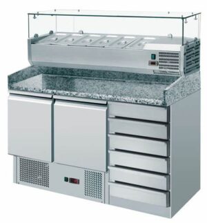 Saladette 2 ante + cassettiera con Portacondimenti - AK903PD - Temp. +2°C/+8°C   Dim. cm L142xP70xh102