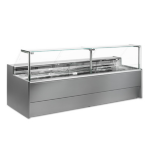 VETRINA FRIGO ORIZZONTALE REFRIGERATA POSITIVA PASTICCERIA GASTRONOMIA E MACELLERIA CON CELLA DI RISERVA – SERIE PORTHOS PROF.  108,5 H128 Cm  – TN – Temp. statico +4°/+6° C, ventilato 0°/+4° C