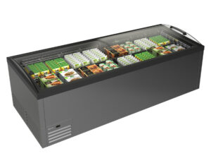 ISOLA VETRATA - SARDINIA 250 AV - VETRO CURVO SCORREVOLE E COMPRESSORE A GIRI VARIABILI - Temp. -25°C +5°C - Dim. cm L254,4xP96,4xh89,5