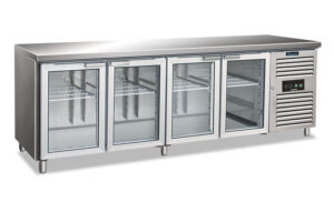TAVOLO FRIGO REFRIGERATO POSITIVO 4 PORTE IN VETRO – CXF 4100 TNG – Temp.  -2°C/+8°C Dim. Cm 223x70x86h