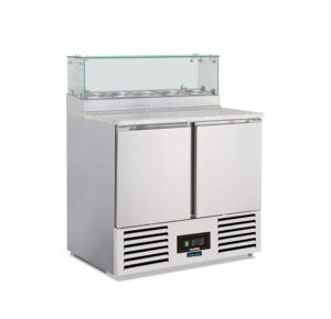 SALADETTE REFRIGERATA POSITIVA STATICA 2 PORTE CON PORTACONDIMENTI – SF 901 GZ – Temp. +2°C/+8°C – Dim. cm L90xP70xh118