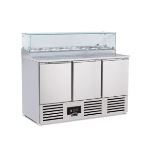 SALADETTE REFRIGERATA POSITIVA STATICA 3 PORTE CON PORTACONDIMENTI – SF 903 GZ – Temp. +2°C/+8°C – Dim. cm L136,5xP70xh118