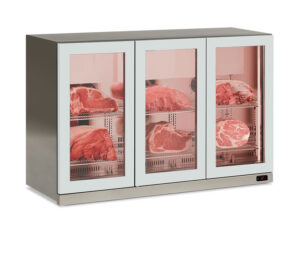 FRIGO VETRINA PENSILE PER LA CONSERVAZIONE ED ESPOSIZIONE CARNE 3 ANTE – WALL MEAT 300 INOX – Temp. -2°C/+10°C – Dim. cm. L135xP56,5xh85,2