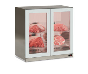 FRIGO VETRINA PENSILE PER LA CONSERVAZIONE ED ESPOSIZIONE CARNE – WALL MEAT 200 INOX  – Temp. -2°C/+10°C – Dim. cm. L90xP56,5xh85,2
