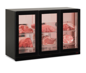 FRIGO VETRINA PENSILE PER LA CONSERVAZIONE ED ESPOSIZIONE CARNE  3 ANTE – WALL MEAT 300 BLK – Temp. -2°C/+10°C – Dim. cm. L135xP56,5xh85,2