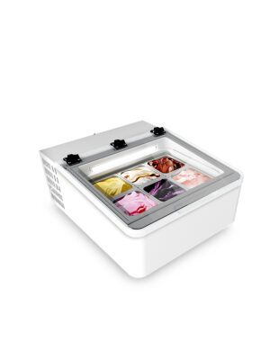ESPOSITORE GELATO DA BANCO – MINI CREAM 3V W – Capacità 35Lt – Temp. -22°-10°C – Dim. cm. L 65,4 x P 79 x h 34,5