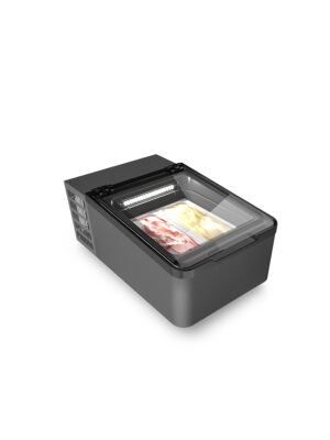 ESPOSITORE GELATO DA BANCO – MINI CREAM 2V G LED – Capacità 28Lt – Temp. -22°-10°C – Dim. cm. L 65,4 x P 79 x h 34,5