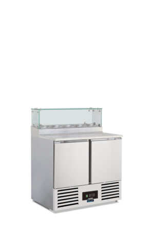 SALADETTE REFRIGERATA POSITIVA STATICA 2 PORTE CON PORTACONDIMENTI – SF 901 GZ – Temp. +2°C/+8°C – Dim. cm L90xP70xh118