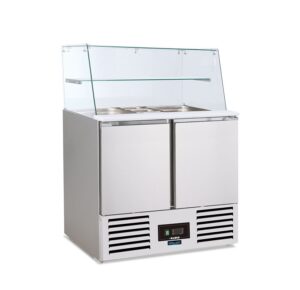 SALADETTE REFRIGERATA POSITIVA STATICA 2 PORTE CON SOVRASTRUTTURA IN VETRO – SF 901 G – Temp. +2°C/+8°C – Dim. cm L90xP70xh134
