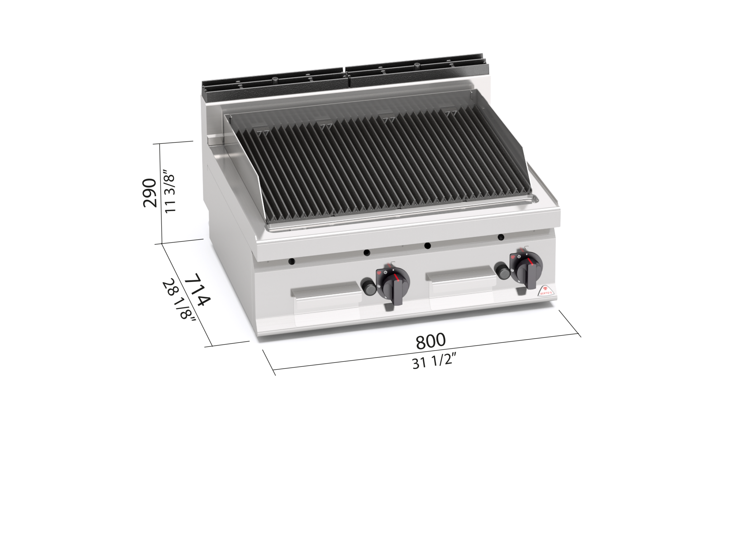 Griglia a gas a pietra lavica da banco Berto’s PLG80B/G - dimensioni L800xP714xH290 mm