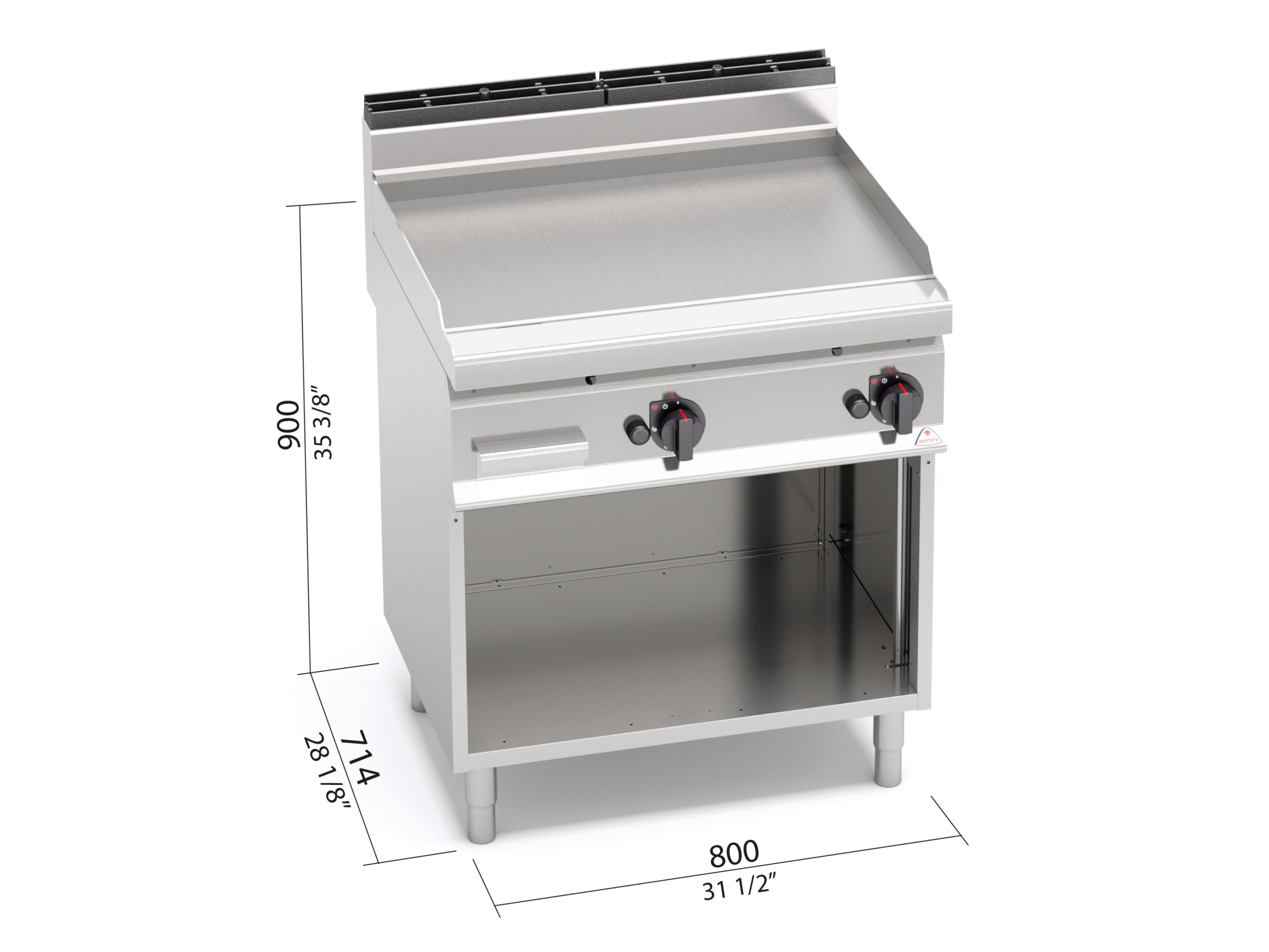 Fry top a gas con piastra liscia su vano aperto Berto’s G7FL8M-2 - dimensioni L800xP714xH900 mm