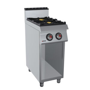 CUCINA A 2 FUOCHI GAS SU MOBILE APERTO mod.M7CBG02- Dimensioni L 400 × P 730 × H 900 – Potenza kW 11,5 – Allacciamento Ø 1/2“