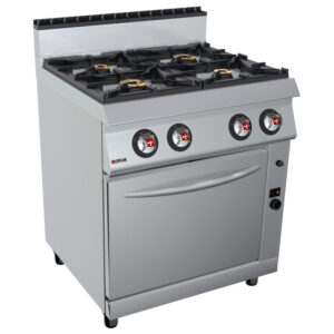 CUCINA 4 FUOCHI GAS SU FORNO A GAS mod. M7CBG14- Dimensioni L 800 × P 730 × H 900 – Potenza kW 30,7– Allacciamento Ø 1/2“