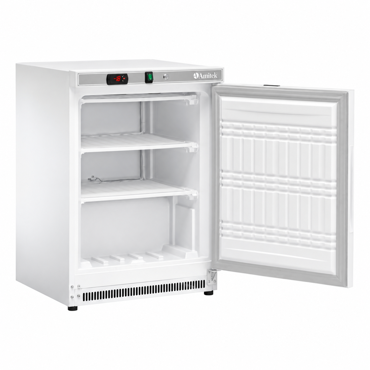 Interno del freezer Amitek AKM200F con porta aperta