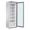 Freezer inox Amitek AKM400FG SS con porta aperta e ripiani fissi