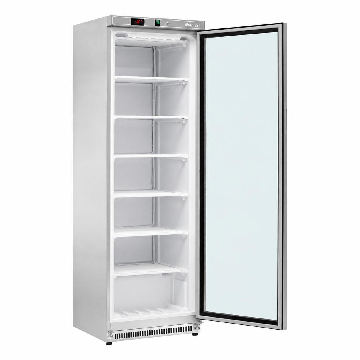 Freezer inox Amitek AKM400FG SS con porta aperta e ripiani fissi