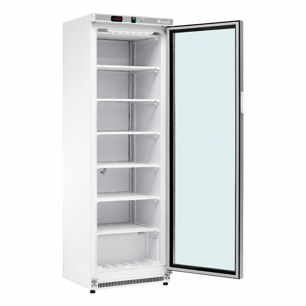 Interno del freezer Amitek AKM400FG con porta aperta