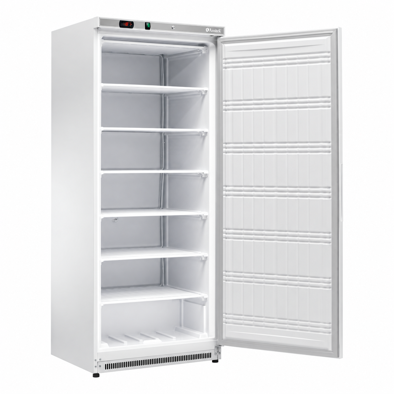 Interno del freezer Amitek AKM600F con porta aperta
