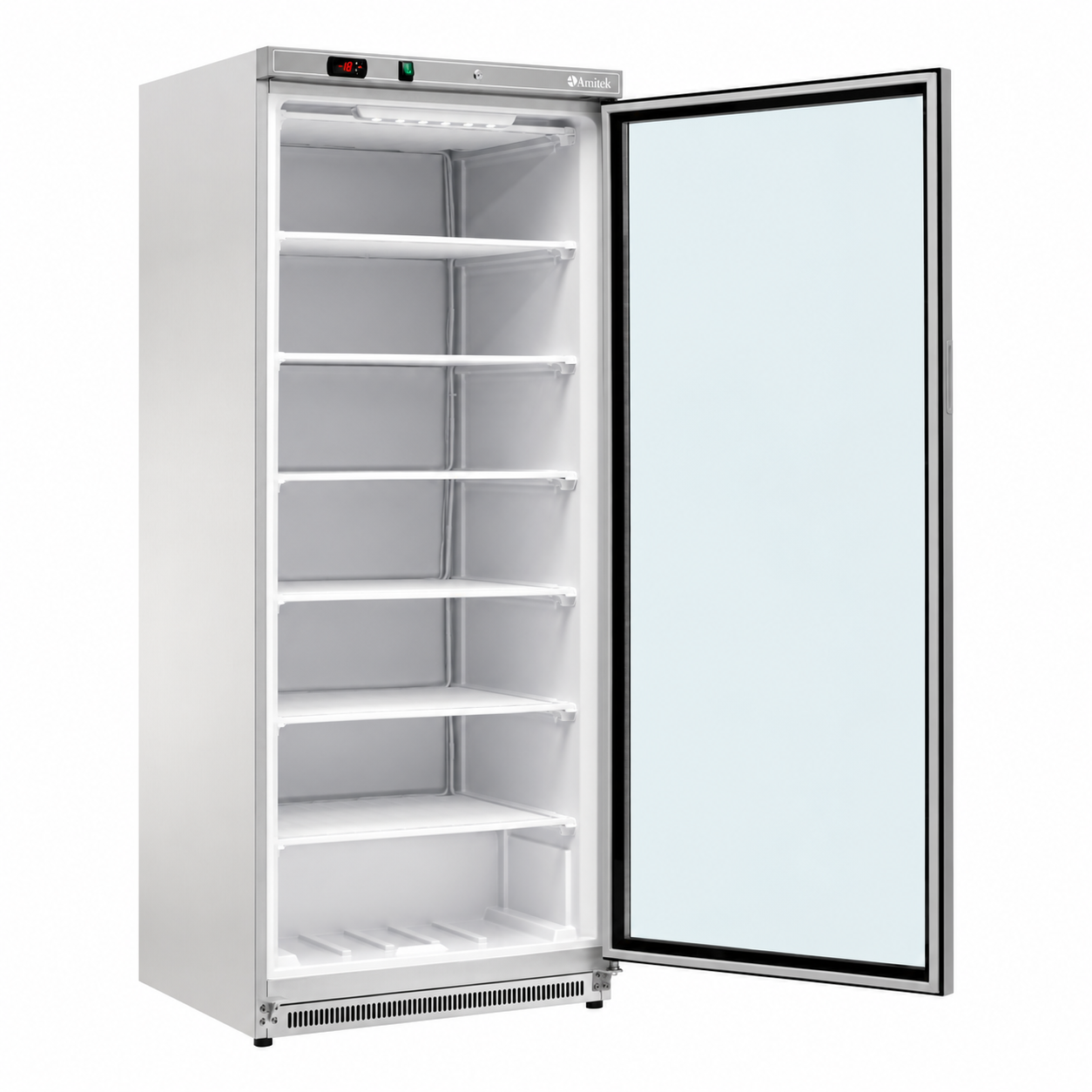 Freezer inox Amitek AKM600FG SS con porta aperta e ripiani fissi