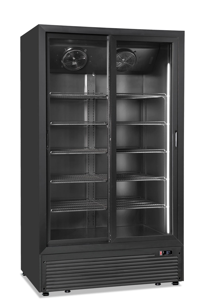 Vetrina verticale frigo bibite positiva ventilata 2 porte scorrevoli – CL 1100 2G SL BLACK – Temp. 0°C/+10°C – Dim. cm L113xP75xH197,6