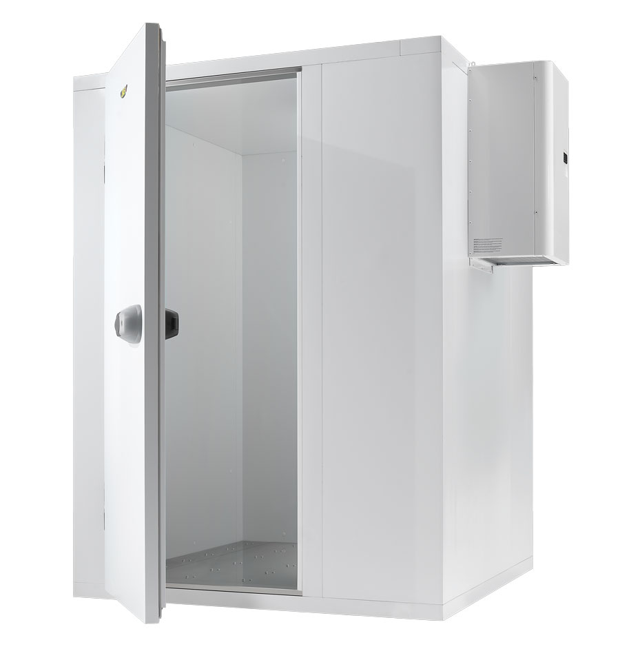 Cella frigorifera modulare JKS Domino con porta aperta, pavimento inox e monoblocco accavallato