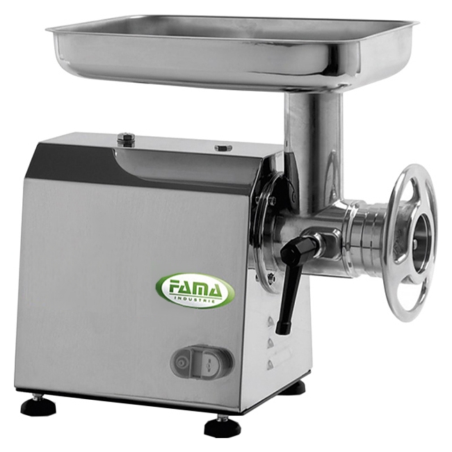 Tritacarne professionale FAMA TI22 carenato in acciaio inox visto frontalmente