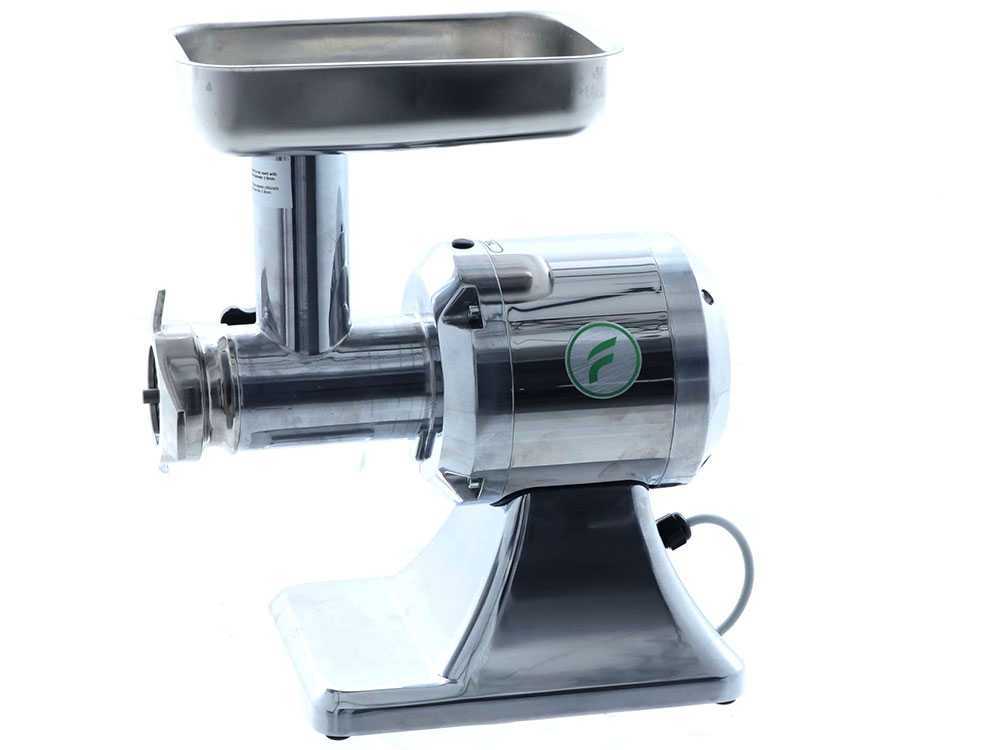 Tritacarne FAMA TS12 visto lateralmente con tramoggia inox e gruppo di macinazione